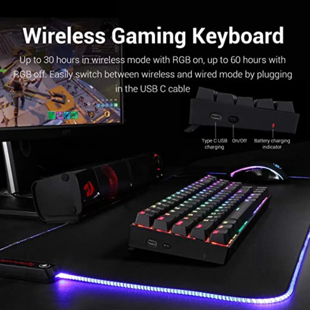REDRAGON Deimos K599 60% RGB Mechanical Wireless Gaming Keyboard (Black) (Red Switch)